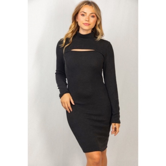 SOLD OUT CLEARANCE Black Ribbed Mock Neck Long Sleeve Cut Out Neckline Sexy - Picture 3 of 5